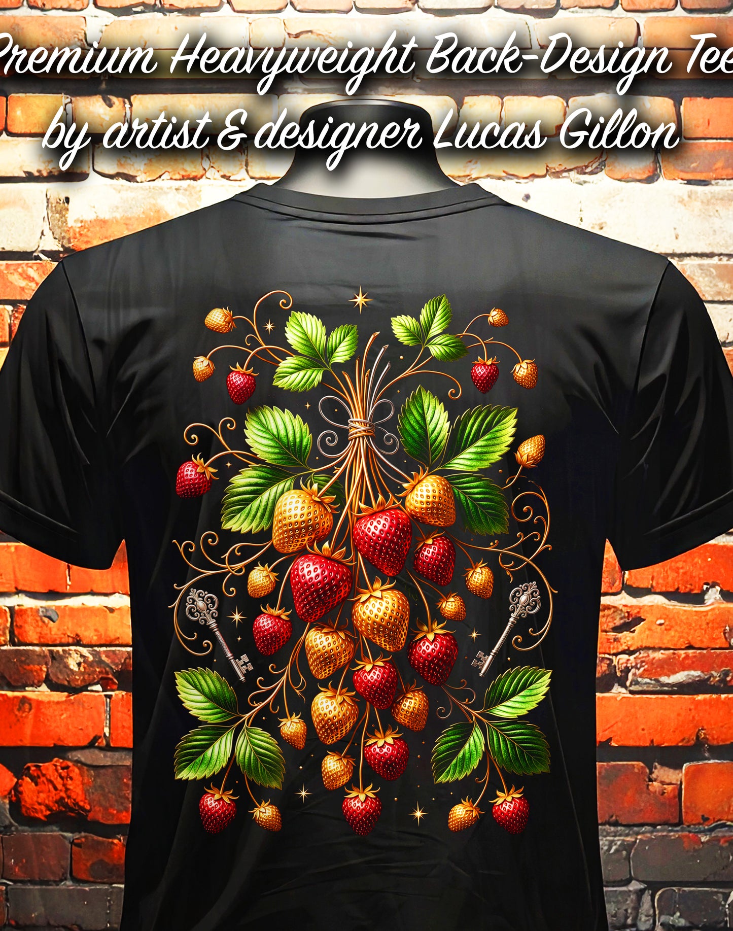 Black Unisex Premium Original Heavyweight Back-Design Tee "Golden Strawberries" by Designer and Artist Lucas Gillon