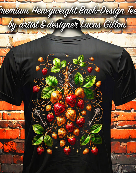 Black Unisex Premium Original Heavyweight Back-Design Tee "Golden Strawberries" by Designer and Artist Lucas Gillon