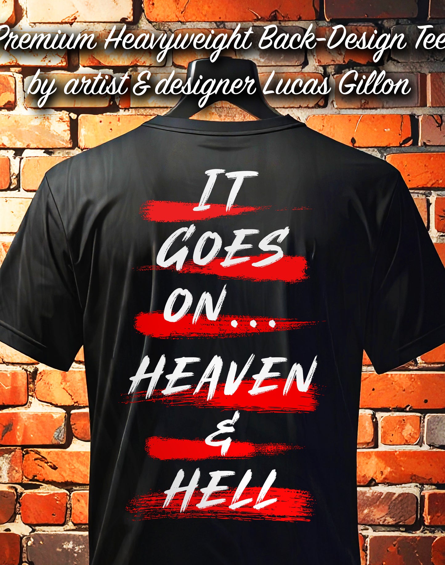 Black Unisex Premium Heavyweight Back-Design Tee "It Goes On" by Designer and Artist Lucas Gillon
