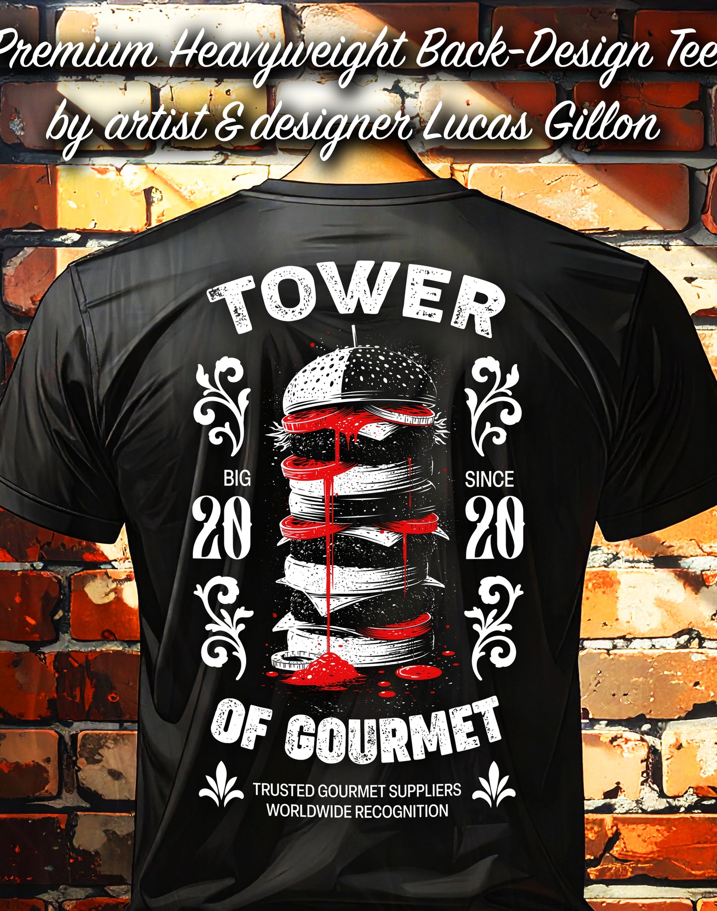 to finish - Black Unisex Premium Heavyweight Back-Design Tee "Tower of Gourmet" by Designer and Artist Lucas Gillon