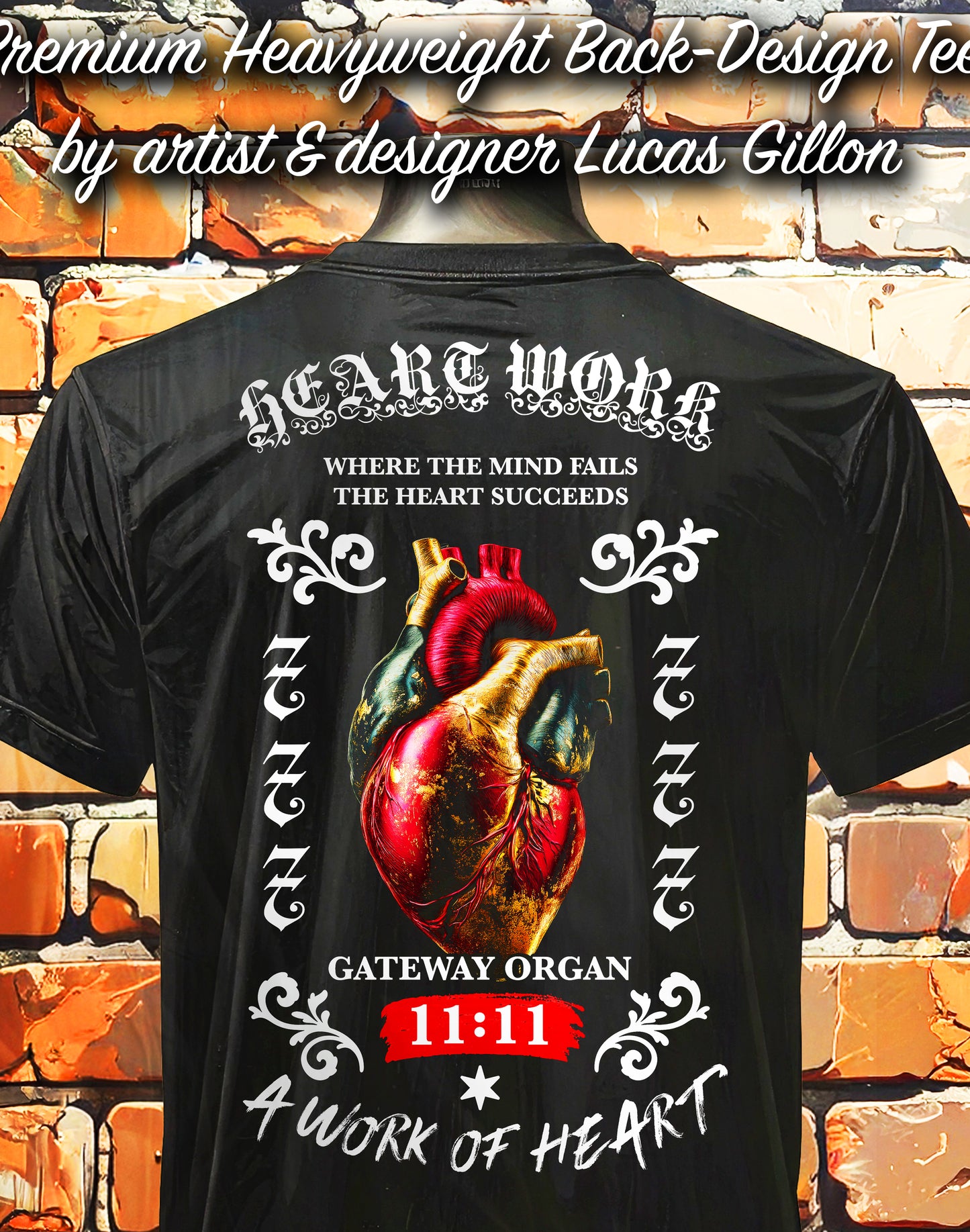 to finish - Black Unisex Premium Heavyweight Back-Design Tee "Heart Work" by Designer and Artist Lucas Gillon