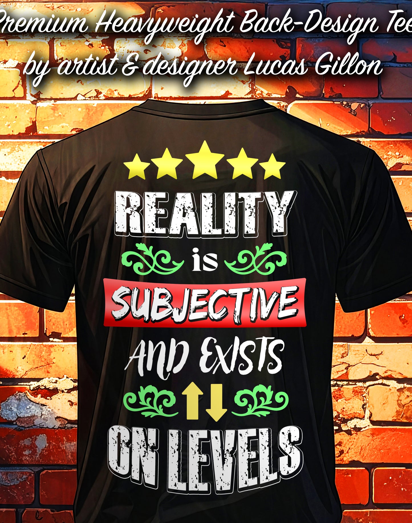 Black Unisex Premium Heavyweight Back-Design Tee "Reality is Subjective" by Designer and Artist Lucas Gillon