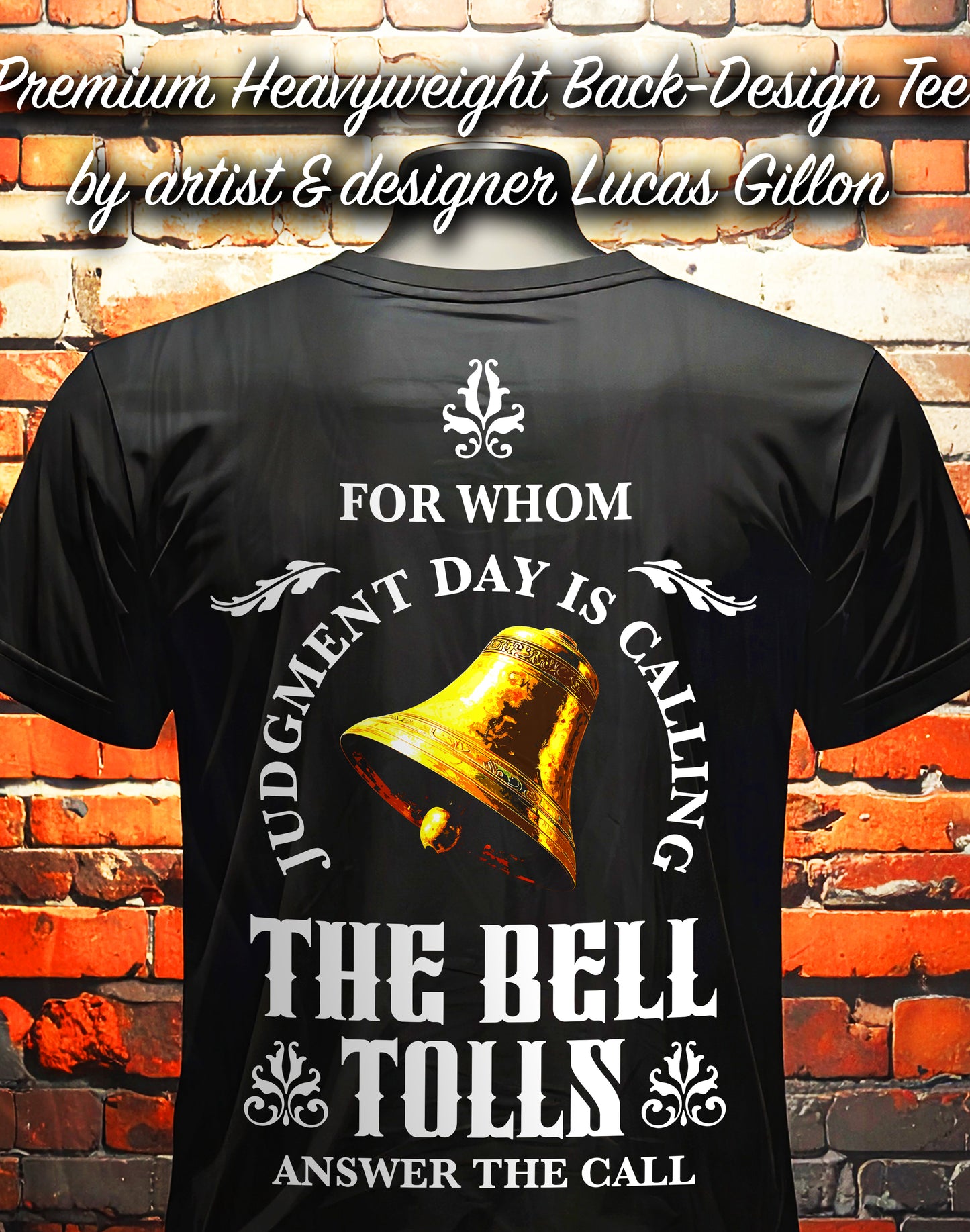 Black Unisex Premium Heavyweight Back-Design Tee "The Bell Tolls" by Designer and Artist Lucas Gillon