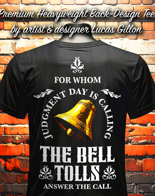 Black Unisex Premium Heavyweight Back-Design Tee "The Bell Tolls" by Designer and Artist Lucas Gillon