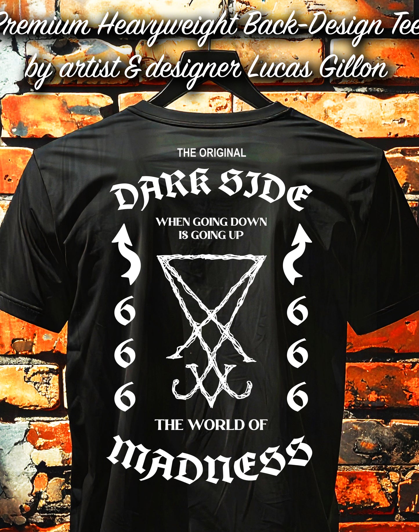 to finish - Black Unisex Premium Heavyweight Back-Design Tee "Dark Side - World of Madness No V. #1" by Designer and Artist Lucas Gillon