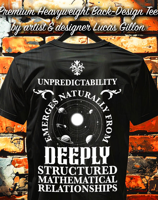 Black Unisex Premium Heavyweight Back-Design Tee "Chaos Theory V. No.1" by Designer and Artist Lucas Gillon