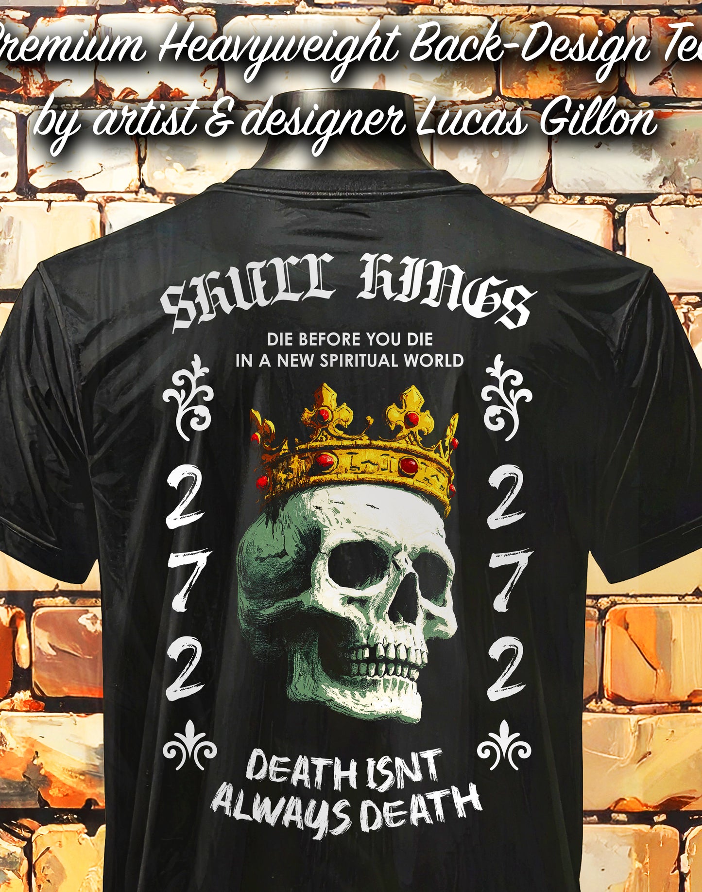 to finish - Black Unisex Premium Heavyweight Back-Design Tee "Skull Kings" by Designer and Artist Lucas Gillon