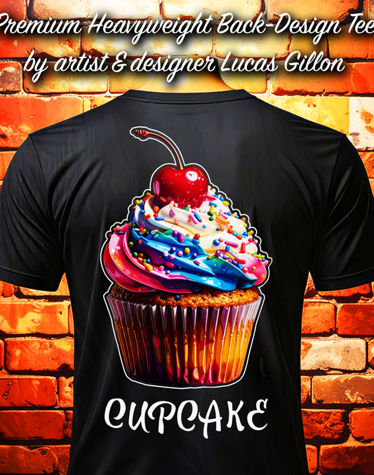 Black Unisex Premium Heavyweight Back-Design Tee "Cupcake" by Designer and Artist Lucas Gillon