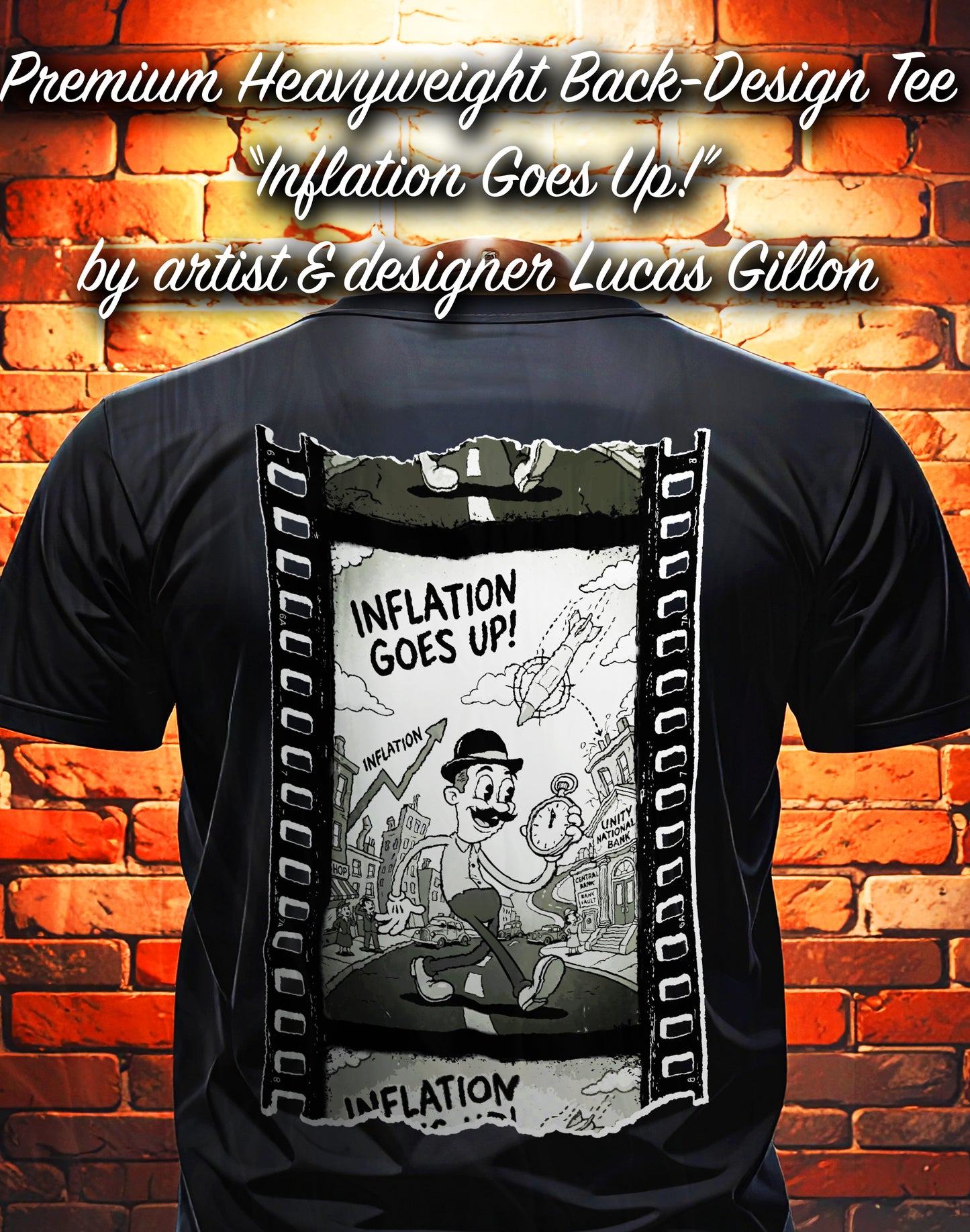 Black Unisex Premium Original Heavyweight Back-Design Tee "Inflation Goes Up" by Designer and Artist Lucas Gillon