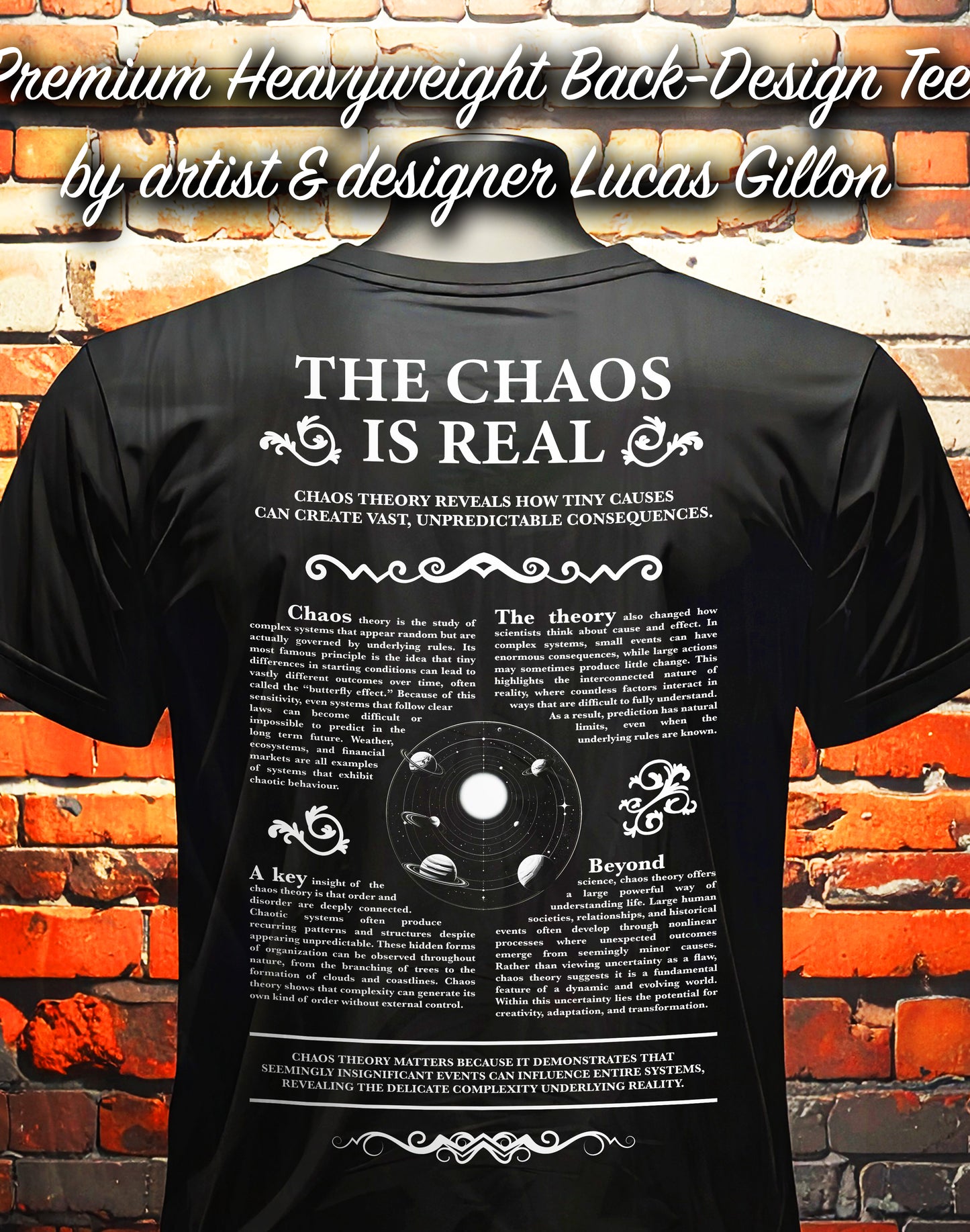 Black Unisex Premium Heavyweight Back-Design Tee "Chaos Theory V No. 2" by Designer and Artist Lucas Gillon