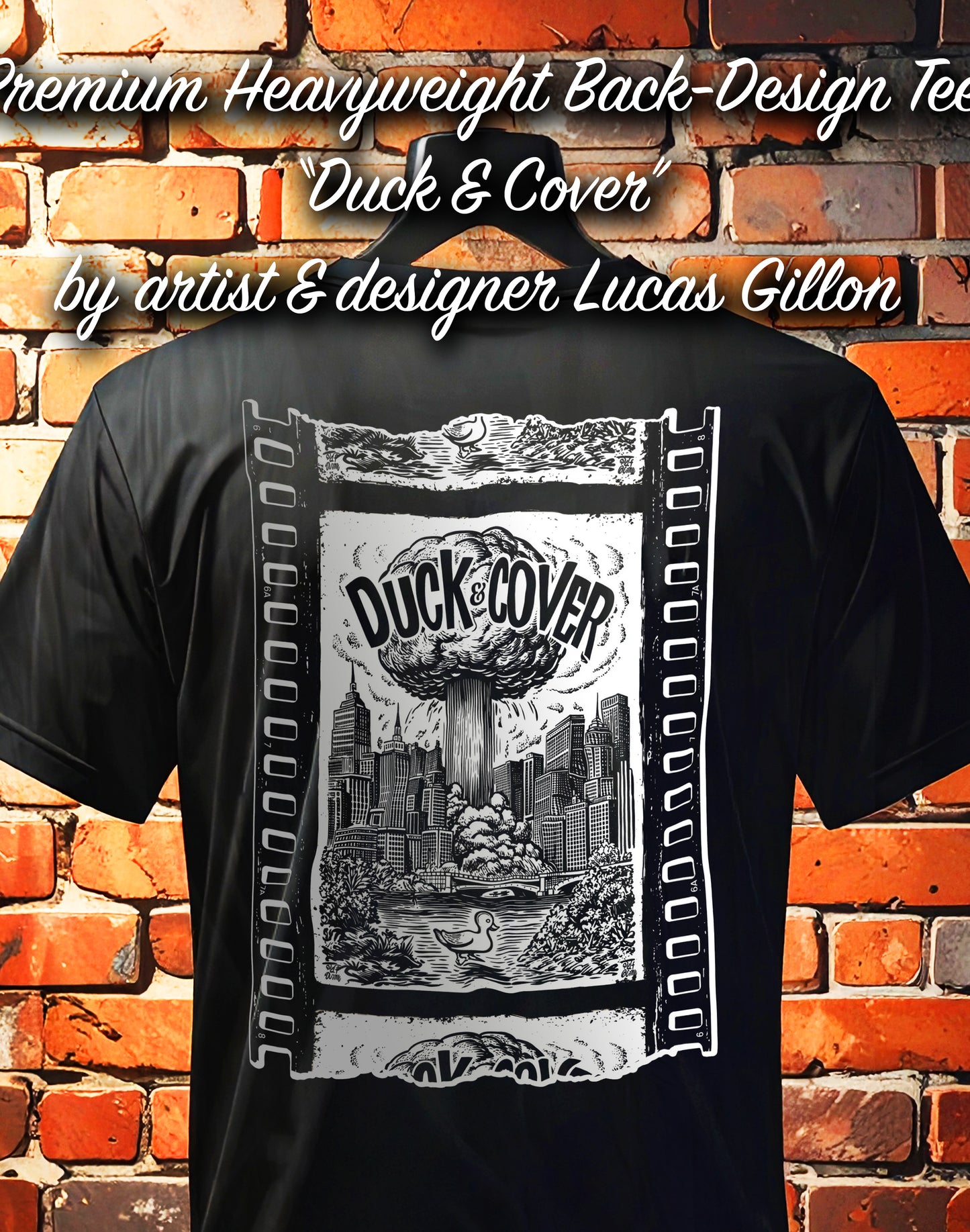 Black Unisex Premium Original Heavyweight Back-Design Tee "Duck & Cover" by Designer and Artist Lucas Gillon