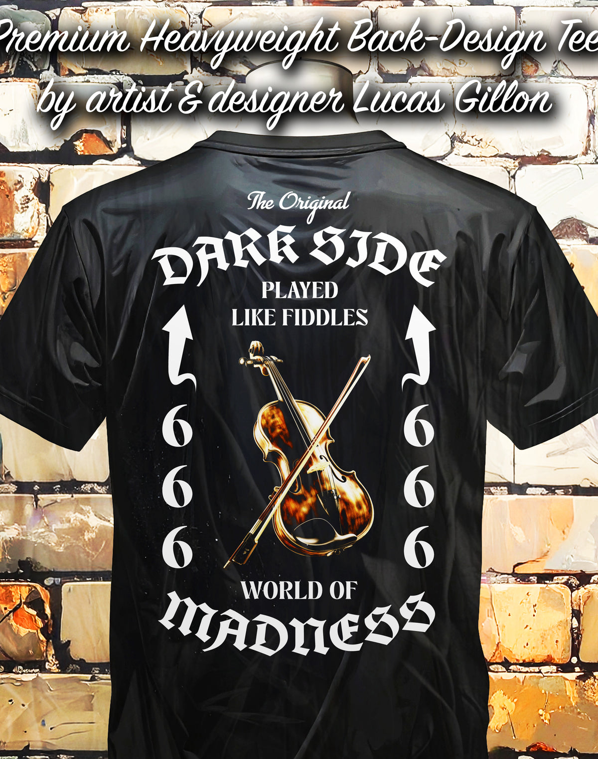 to finish - Black Unisex Premium Heavyweight Back-Design Tee "Dark Side - Played Like Fiddles" by Designer and Artist Lucas Gillon