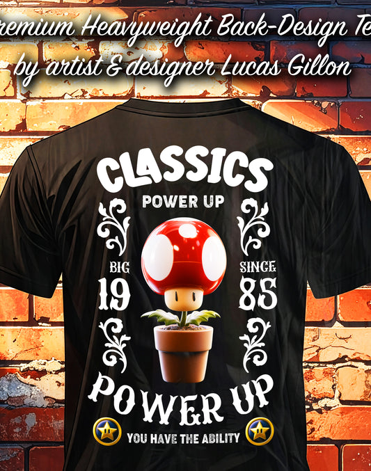 to finish - Black Unisex Premium Heavyweight Back-Design Tee "Classic Mushroom Life Up" by Designer and Artist Lucas Gillon