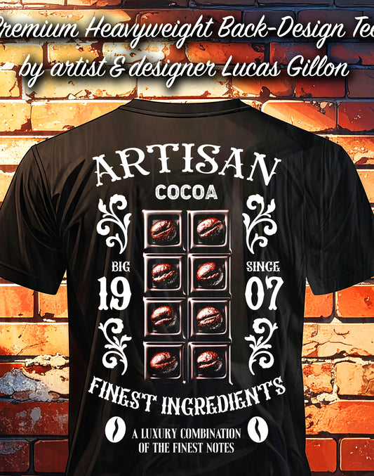 to finish - Black Unisex Premium Heavyweight Back-Design Tee "Coffee Chocolate" by Designer and Artist Lucas Gillon