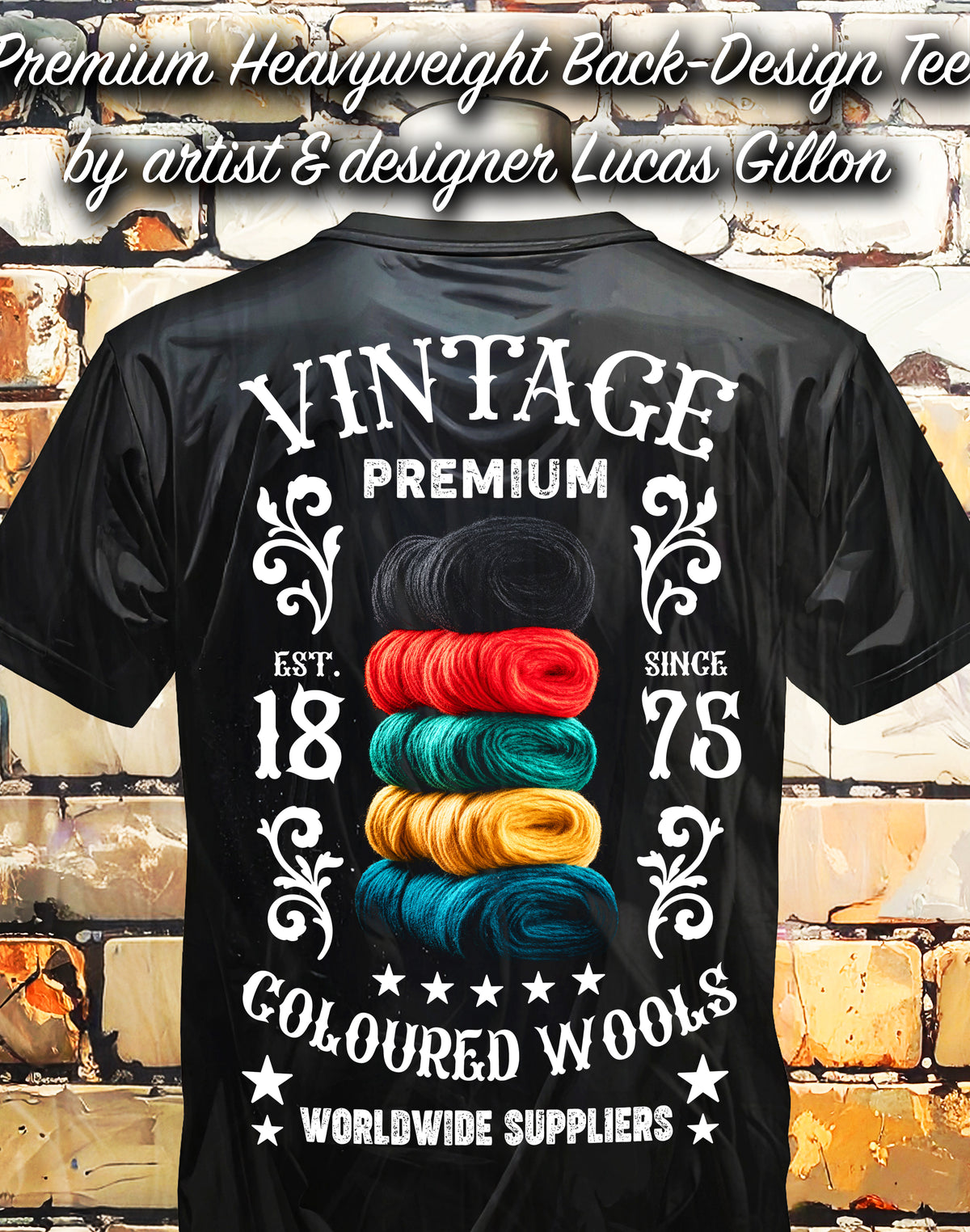 to finish - Black Unisex Premium Heavyweight Back-Design Tee "Coloured Wools" by Designer and Artist Lucas Gillon