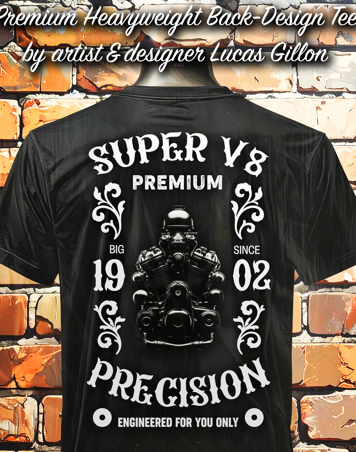 to finish - Black Unisex Premium Heavyweight Back-Design Tee "Super V8" by Designer and Artist Lucas Gillon