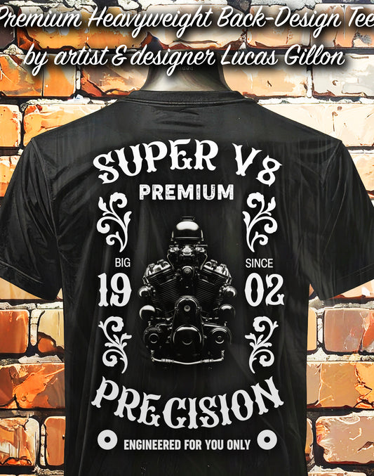 to finish - Black Unisex Premium Heavyweight Back-Design Tee "Super V8" by Designer and Artist Lucas Gillon