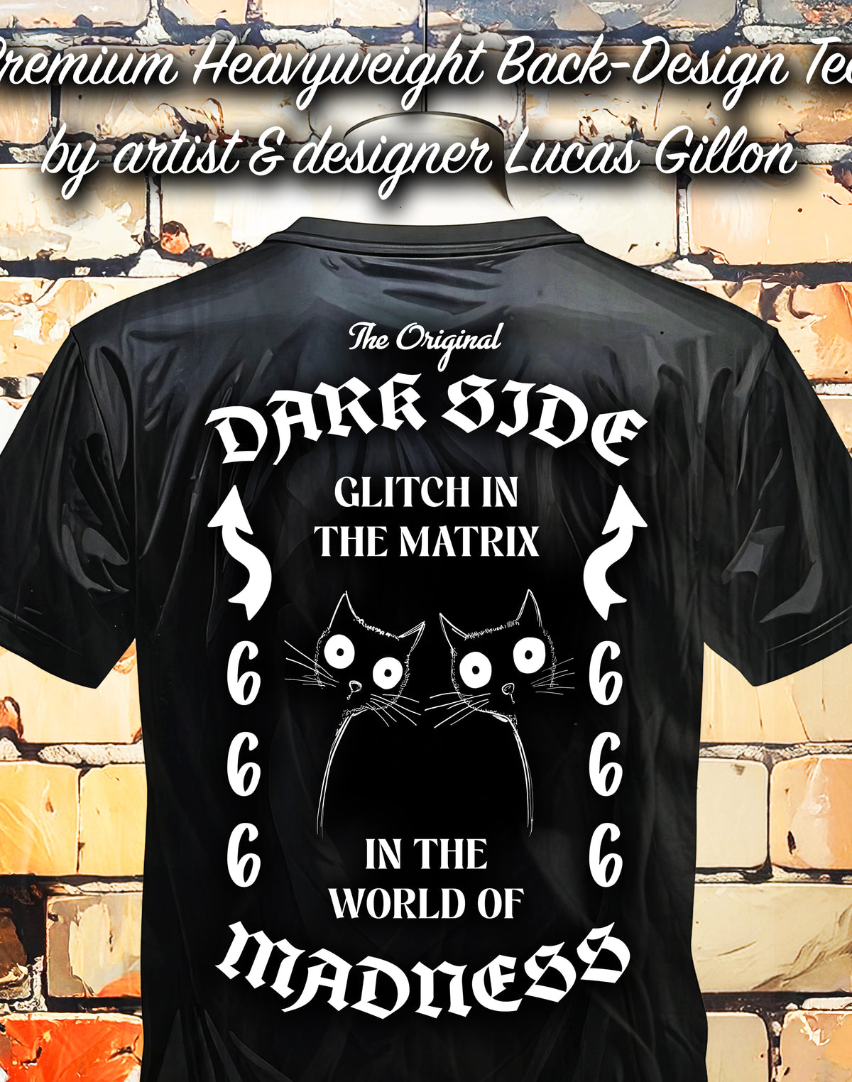 to finish - Black Unisex Premium Heavyweight Back-Design Tee "Dark Side - Glitch in the Matrix" by Designer and Artist Lucas Gillon