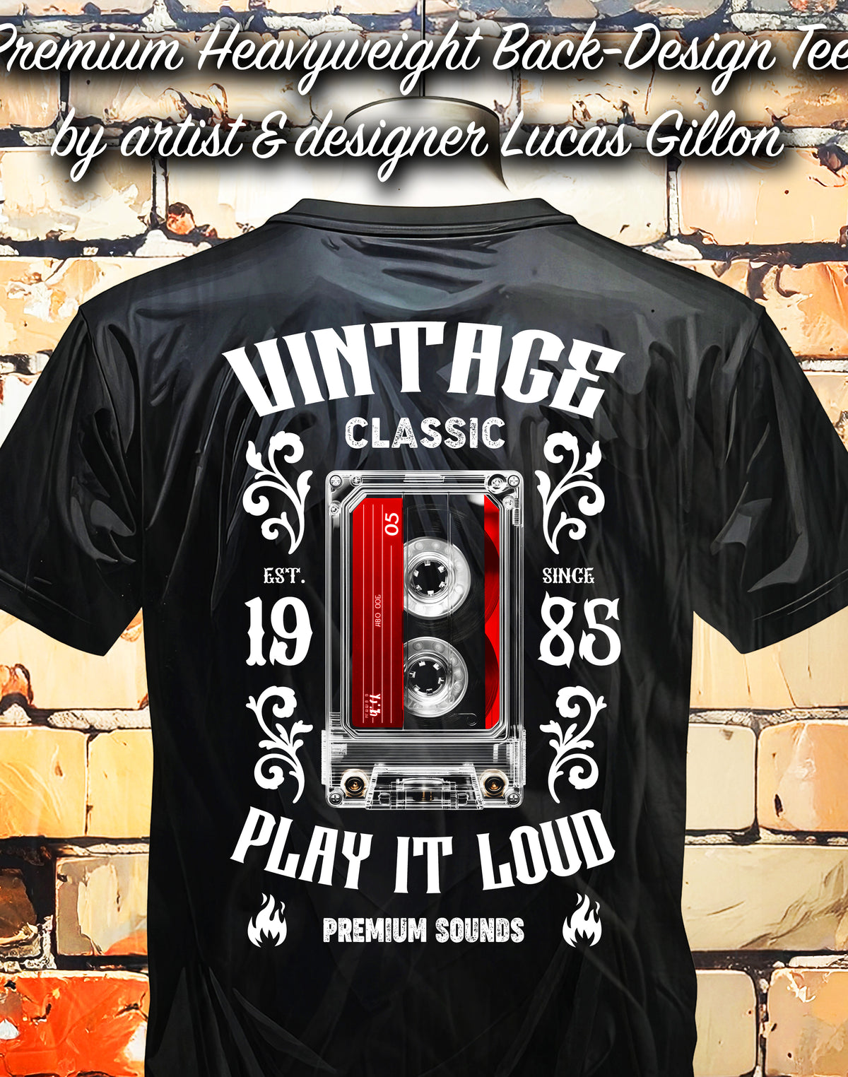 to finish - Black Unisex Premium Heavyweight Back-Design Tee "Vintage Cassette" by Designer and Artist Lucas Gillon