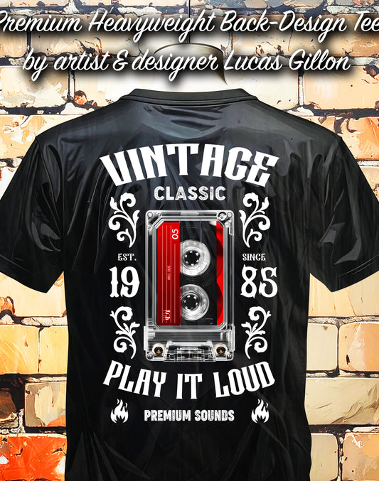to finish - Black Unisex Premium Heavyweight Back-Design Tee "Vintage Cassette" by Designer and Artist Lucas Gillon