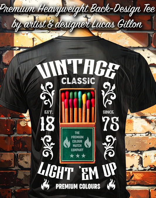 to finish - Black Unisex Premium Heavyweight Back-Design Tee "Vintage Matches" by Designer and Artist Lucas Gillon