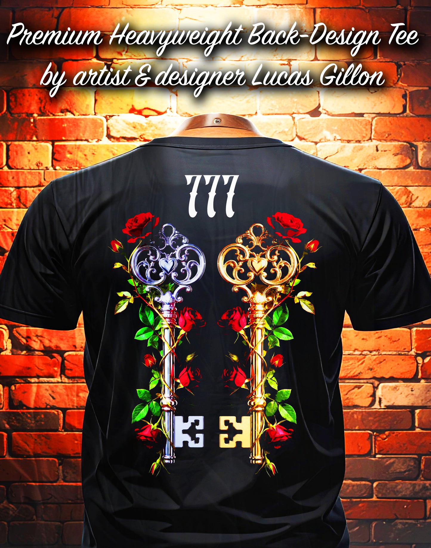 Black Unisex Premium Original Heavyweight Back-Design Tee "777 Keys" by Designer and Artist Lucas Gillon