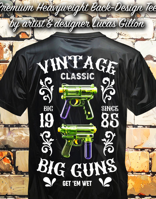to finish - Black Unisex Premium Heavyweight Back-Design Tee "Big Guns - Water Pistols" by Designer and Artist Lucas Gillon