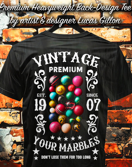to finish - Black Unisex Premium Heavyweight Back-Design Tee "Marbles" by Designer and Artist Lucas Gillon
