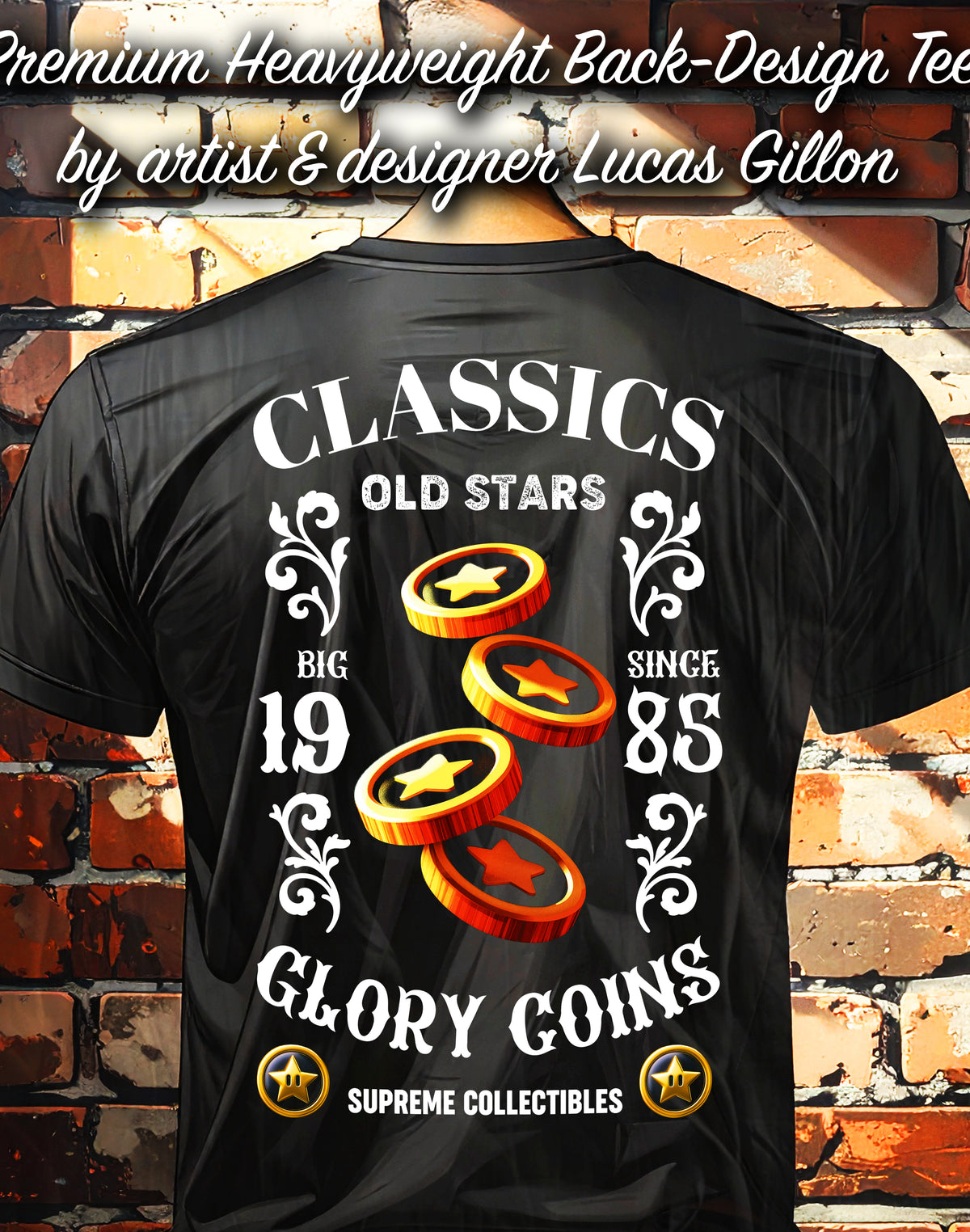 to finish - Black Unisex Premium Heavyweight Back-Design Tee "Glory Coins" by Designer and Artist Lucas Gillon
