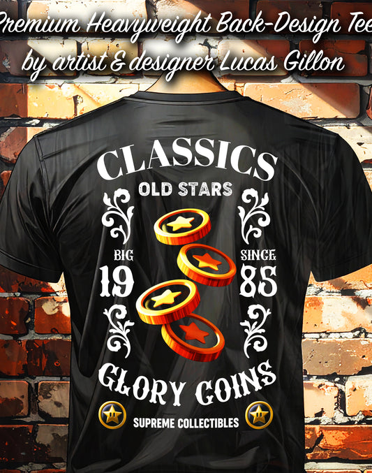 to finish - Black Unisex Premium Heavyweight Back-Design Tee "Glory Coins" by Designer and Artist Lucas Gillon
