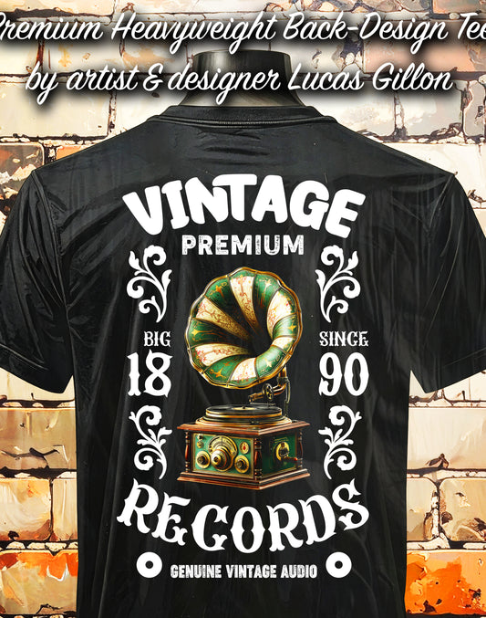 to finish - Black Unisex Premium Heavyweight Back-Design Tee "Vintage Record Player" by Designer and Artist Lucas Gillon